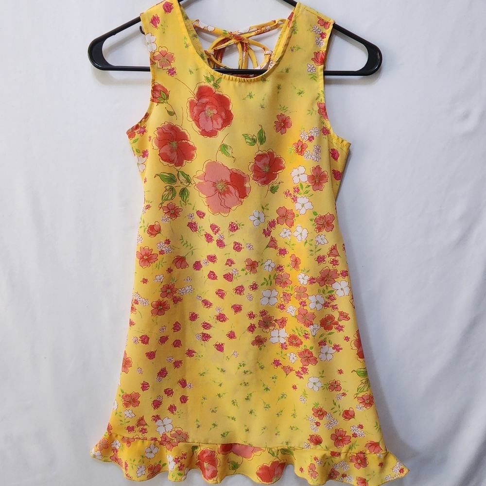 Girl's Yellow Floral Ruffle Hem Tie Back Dress